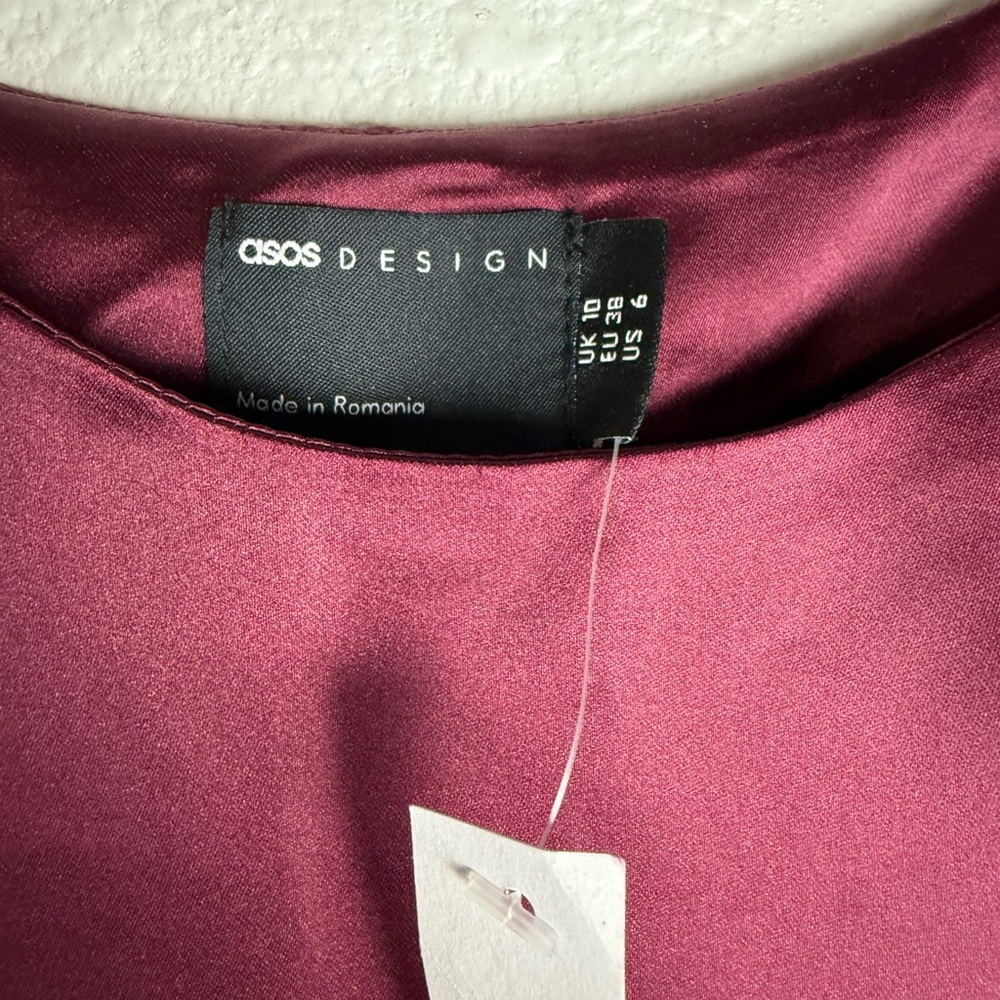 ASOS Elegant Burgundy Sleeveless satin mini with shoulder bows Dress Size 6 - Picture 5 of 10